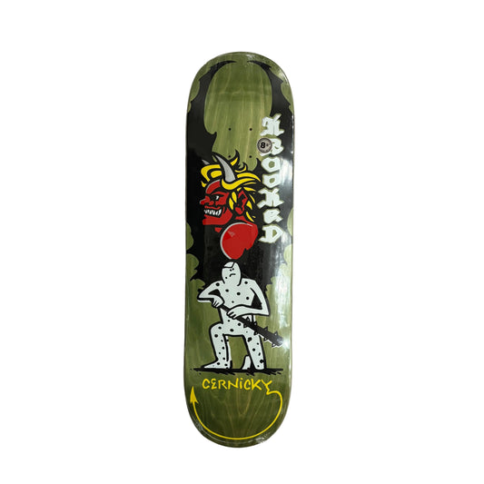 Skateboard deck with hand drawn graphic design on a white surface