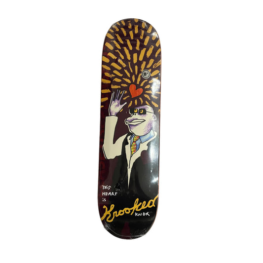 Skateboard deck with hand drawn style artistic design on a white surface