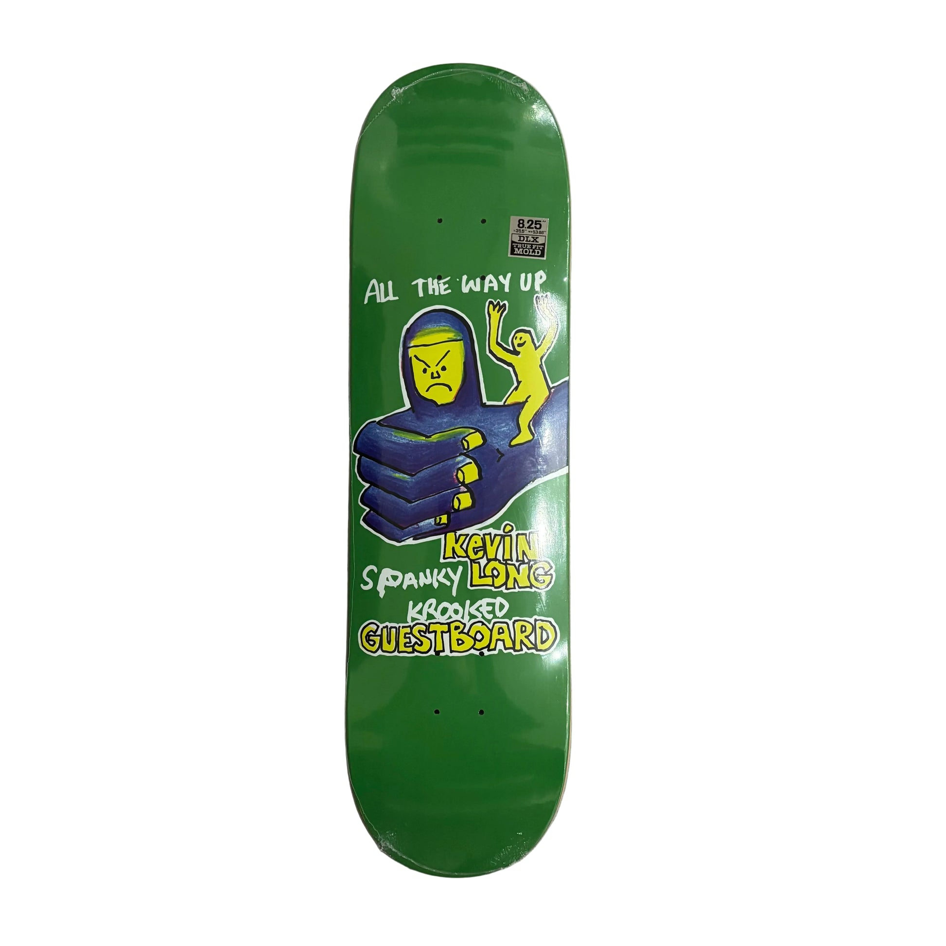 Green skateboard deck with graphic design on a white surface