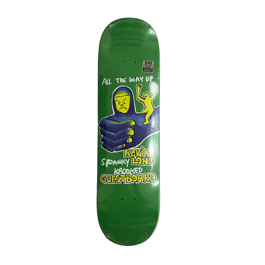Green skateboard deck with graphic design on a white surface