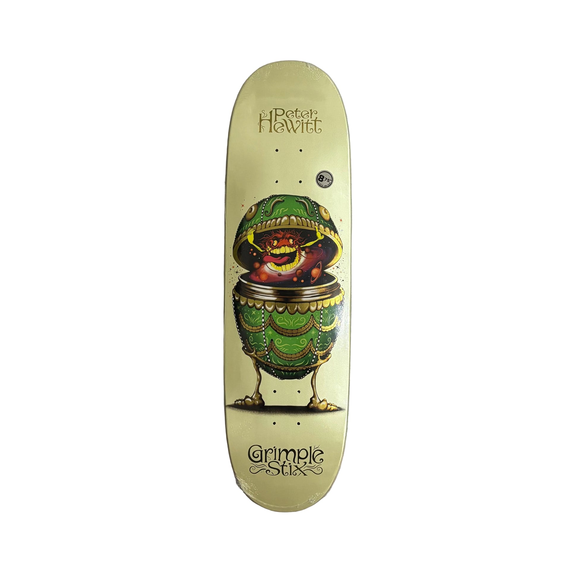 egg shaped Skateboard deck with a colorful egg design on a white surface