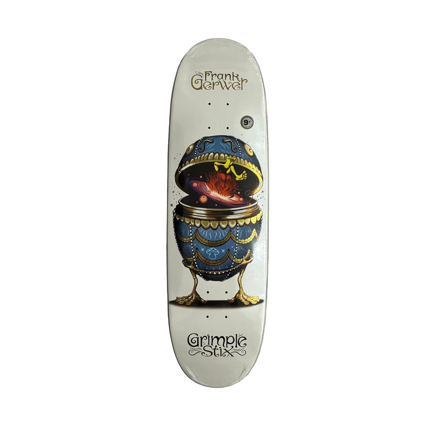 egg shaped Skateboard deck with a colorful egg design on a white surface