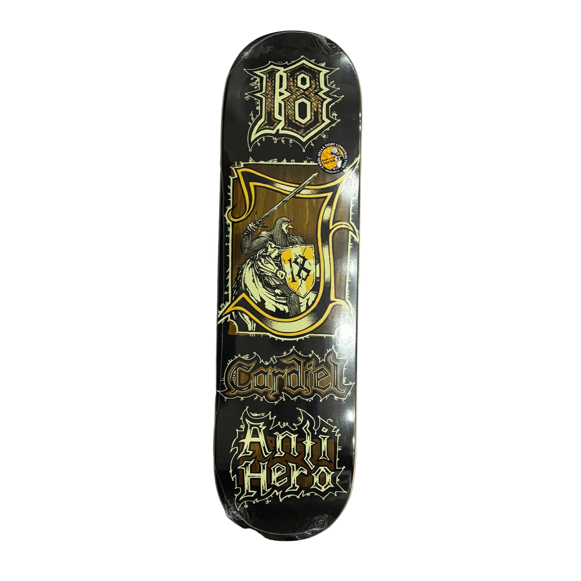 Skateboard deck with decorative design on a white surface