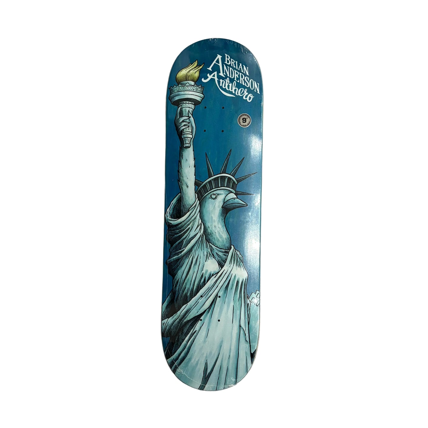 Skateboard deck with pigeon Statue of Liberty design on a white surface