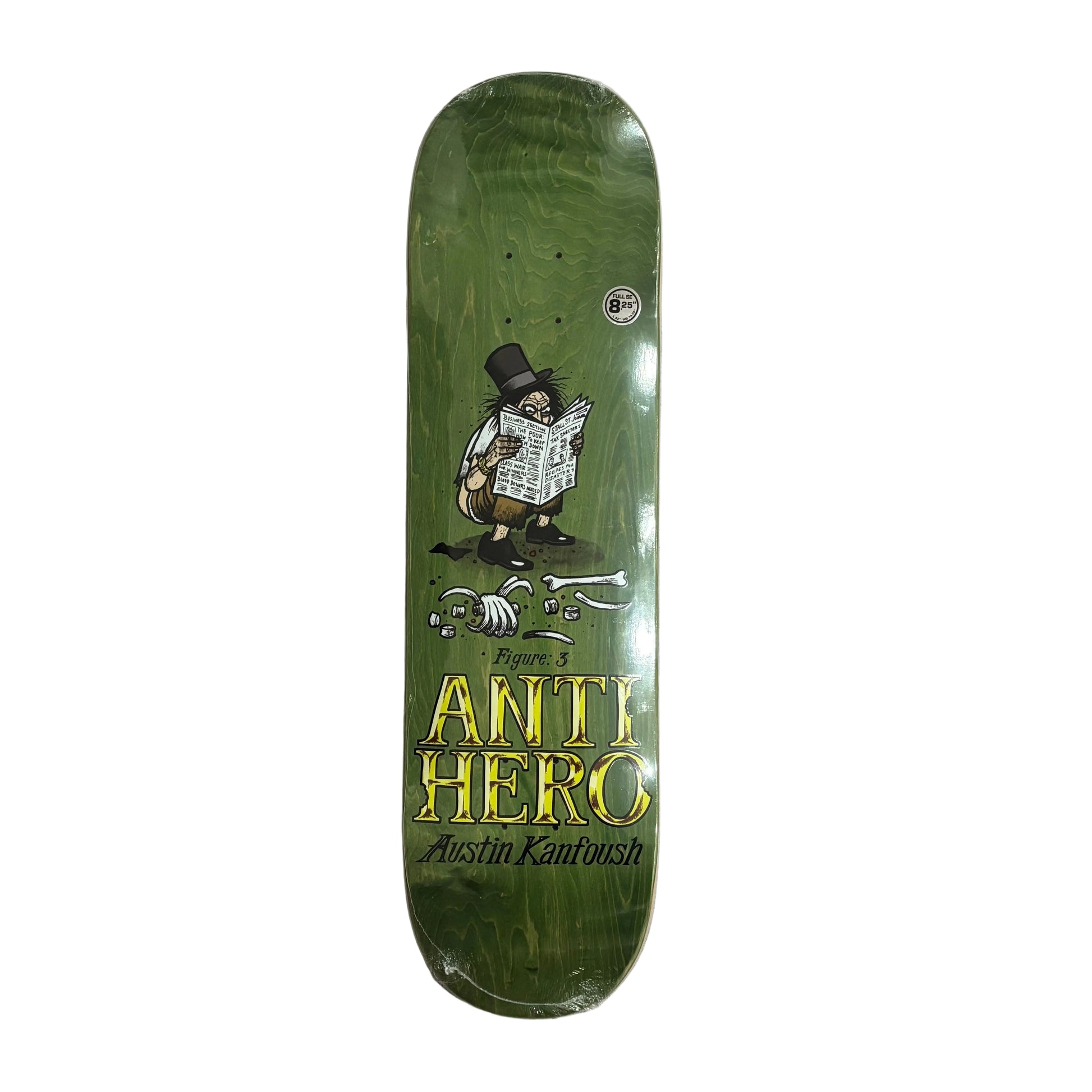 Green skateboard deck with graphic design on a white surface