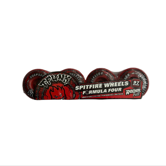 t-funk pro red colored Spitfire Wheels Formula Four skateboard wheels on a white background