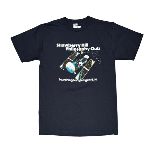 Black t-shirt with 'Strawberry Hill Philosophy Club' design on a white surface.
