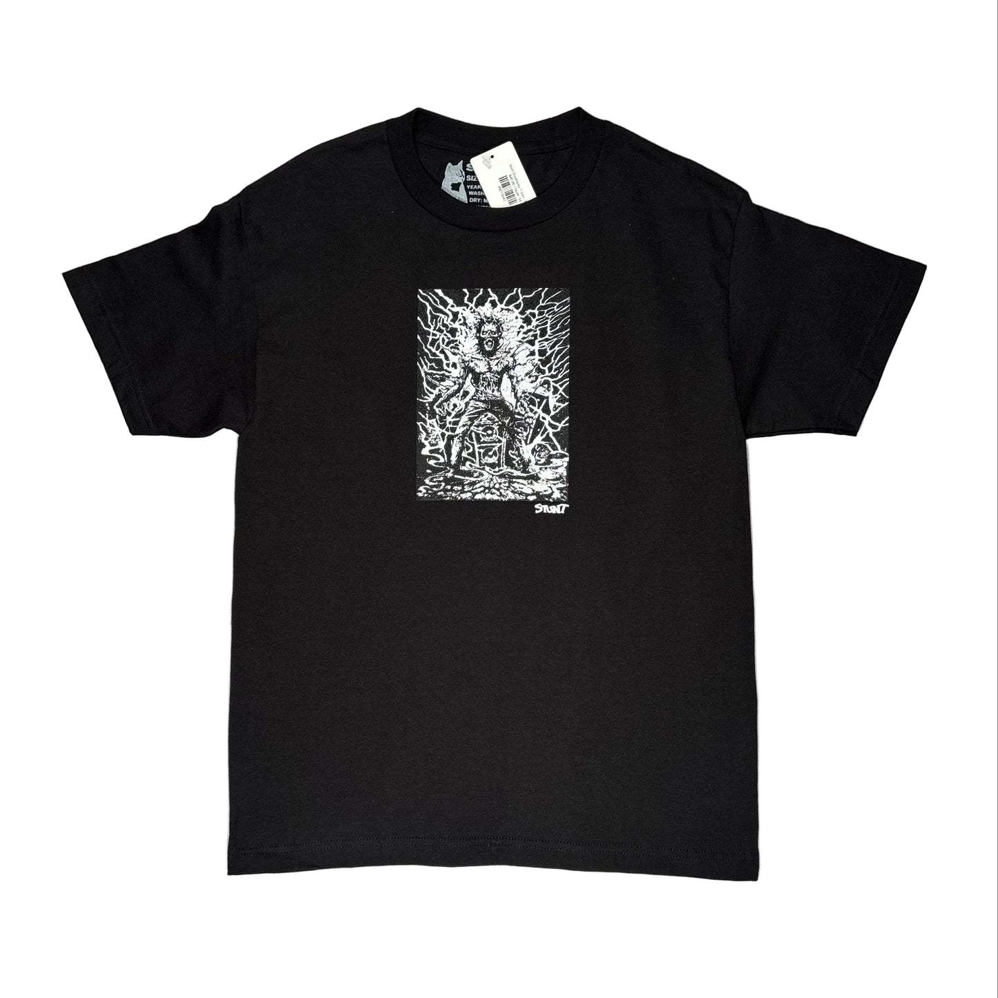 Black t-shirt with white graphic design on a white surface
