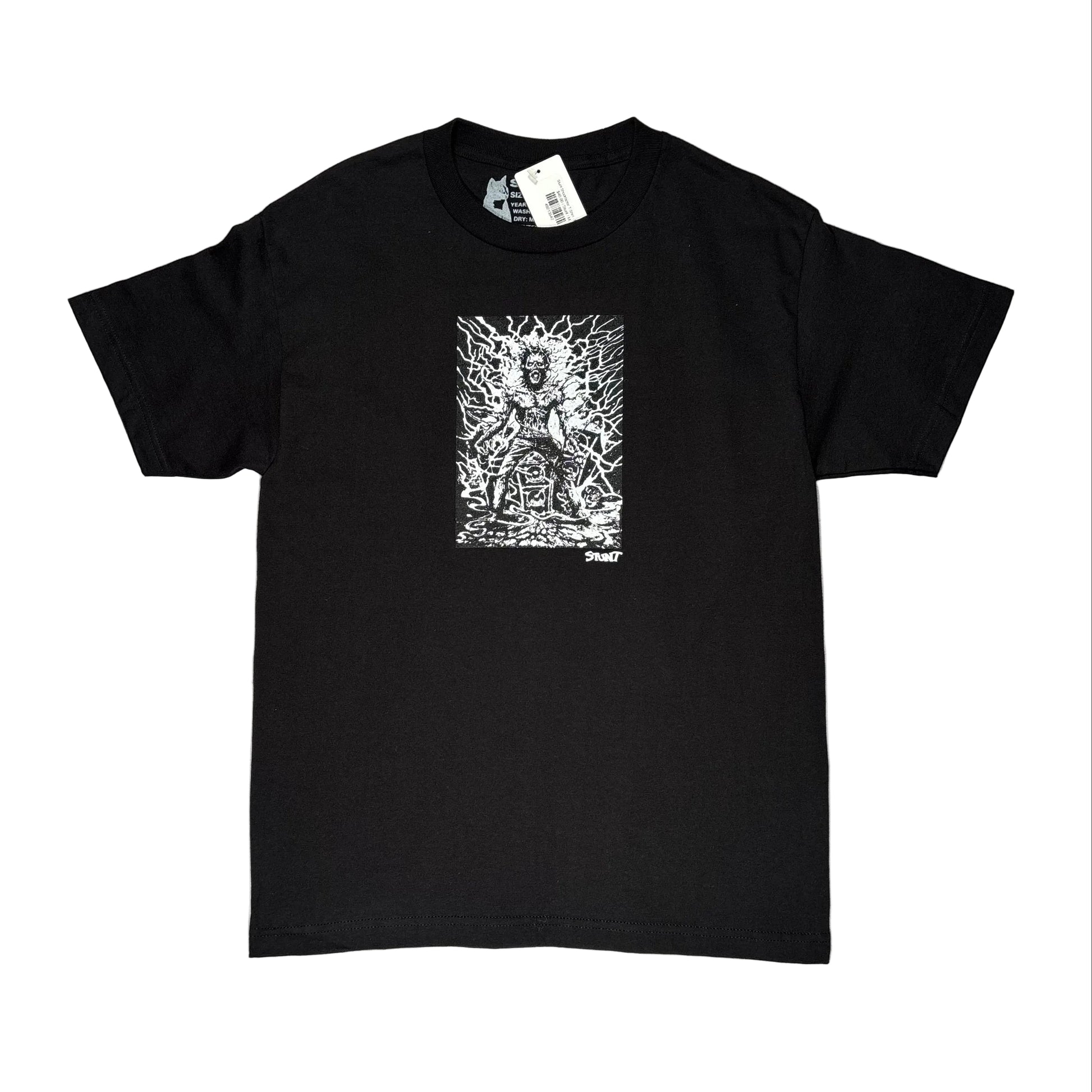 Black t-shirt with white graphic design on a white surface