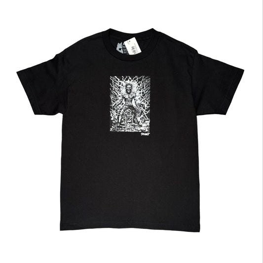 Black t-shirt with white graphic design on a white surface