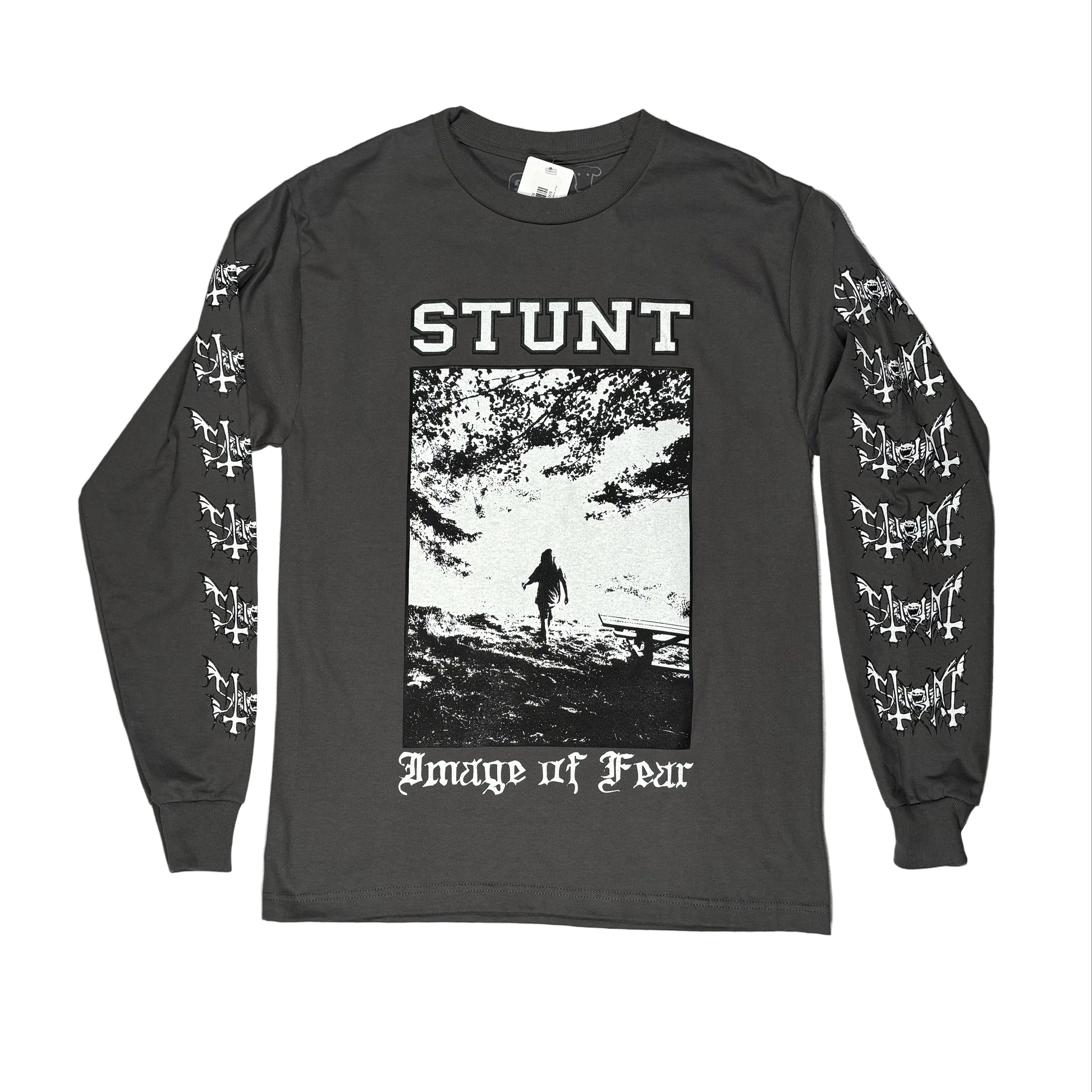 grey stunt longsleeve t-shirt with graphics on the sleeves