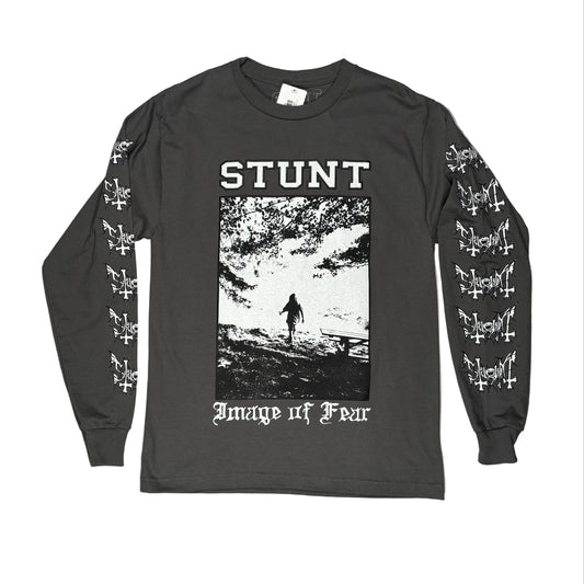 grey stunt longsleeve t-shirt with graphics on the sleeves
