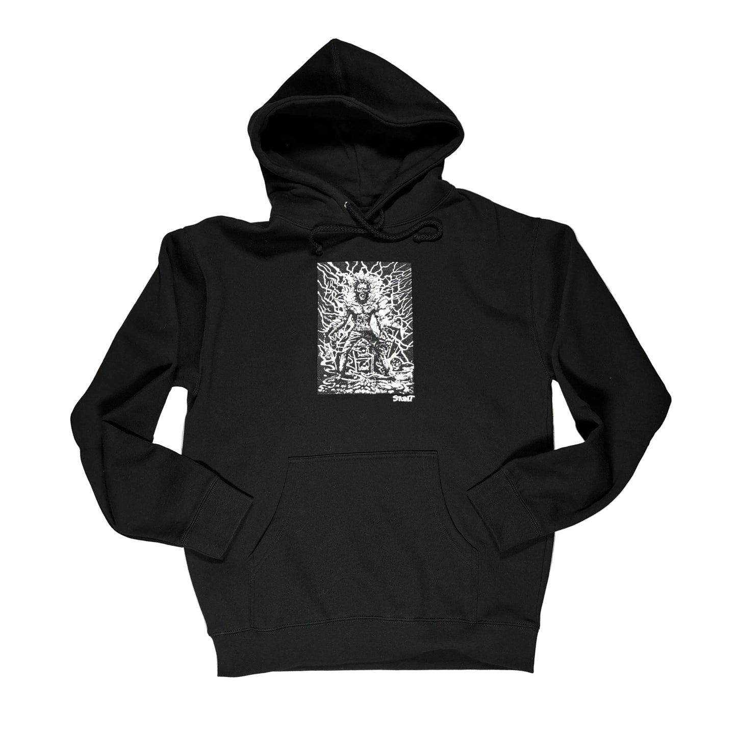 Black hoodie with a center chest graphic design on a white background