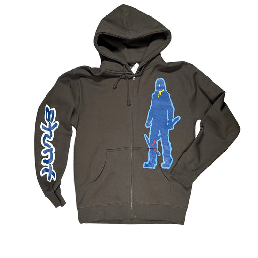 Gray zip hoodie with blue graphic design on a white surface