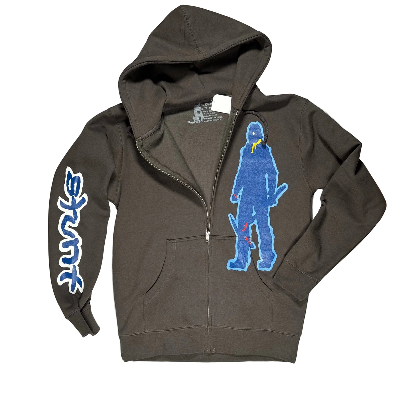Gray hoodie, half unzipped with blue graphic design on a white background