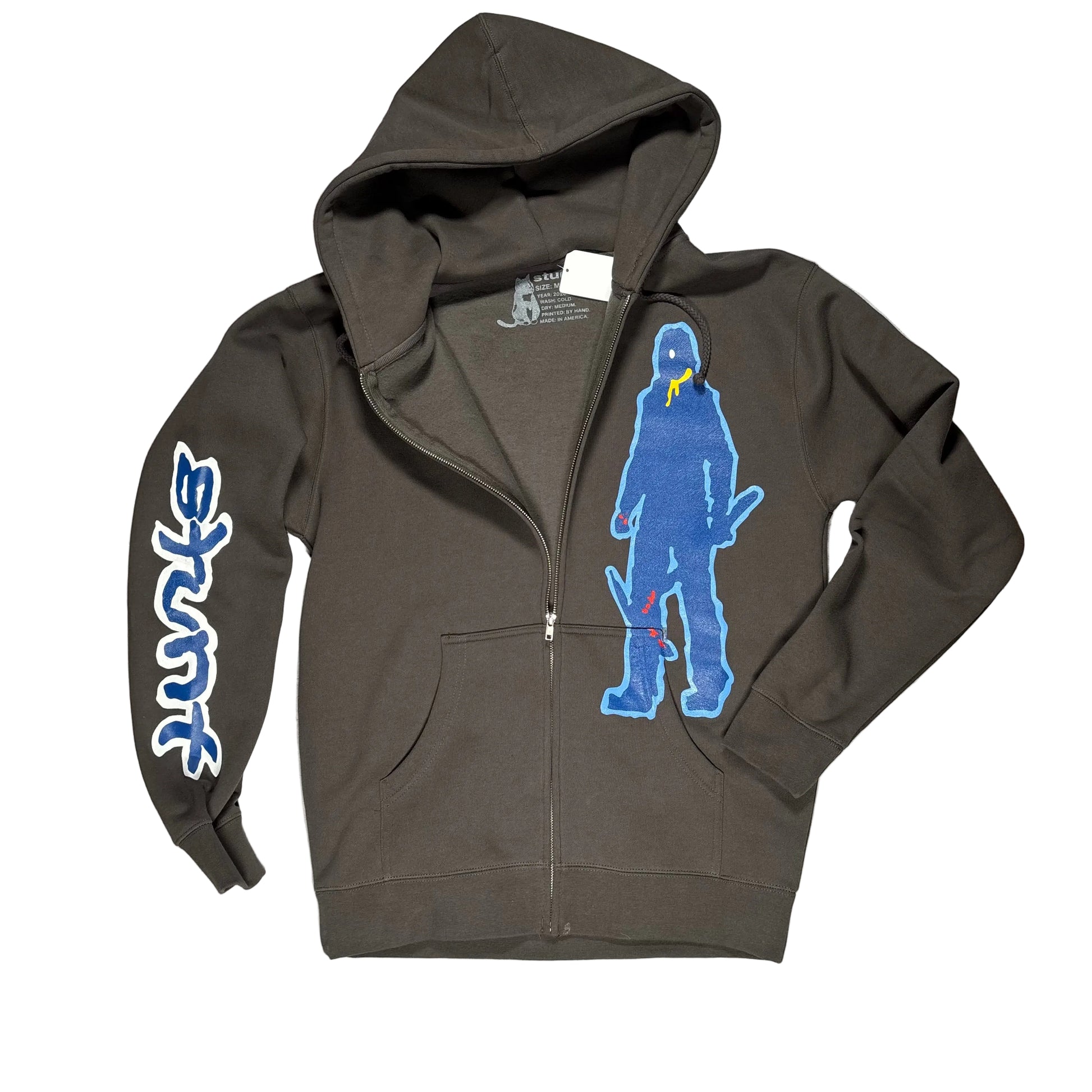 Gray hoodie, half unzipped with blue graphic design on a white background