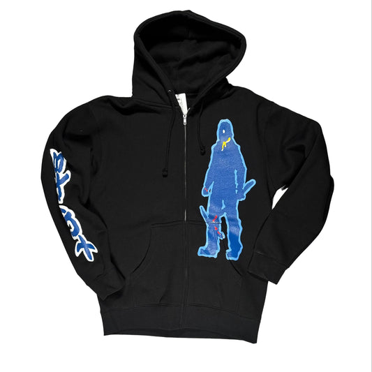 Black zip hoodie with blue graphic design on a white surface