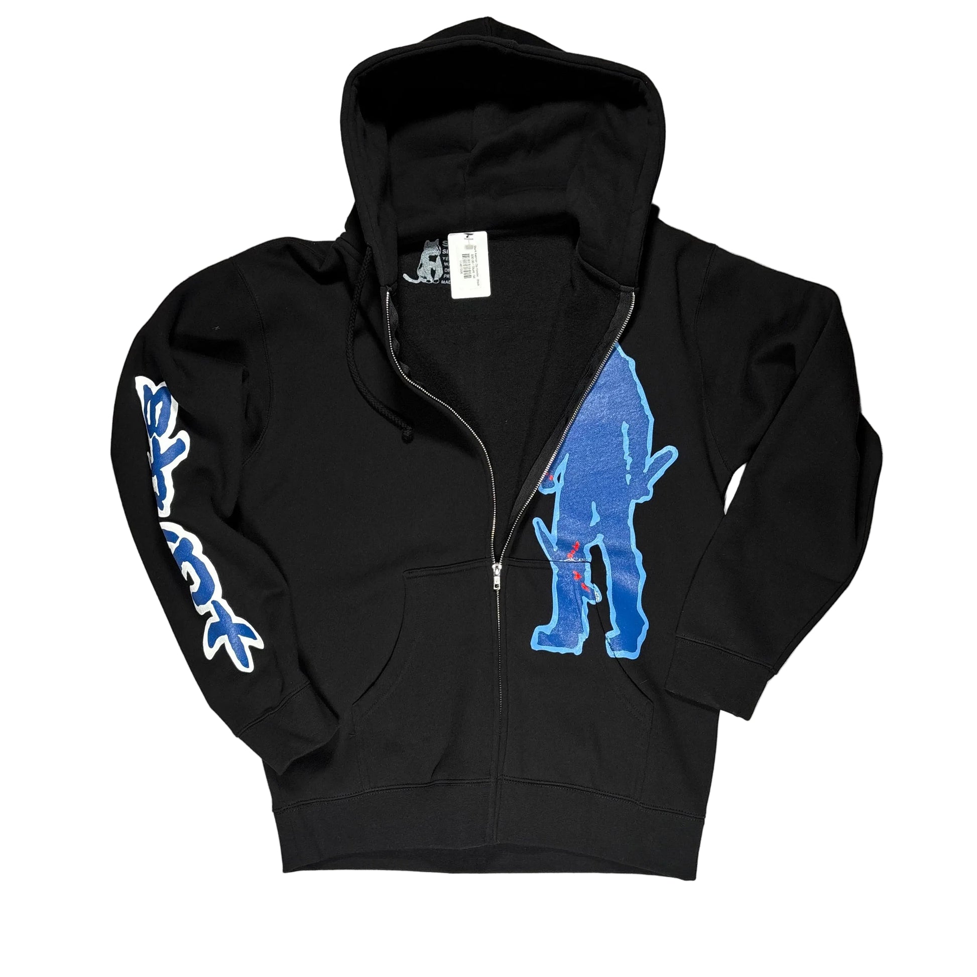 Black hoodie, half unzipped, with blue graphics on a white background