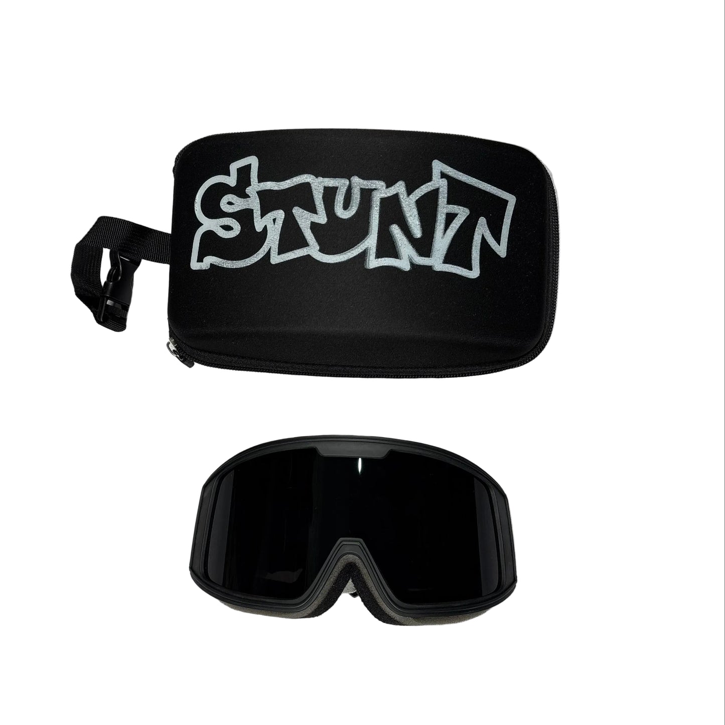 Black goggles with a carrying case on a white surface