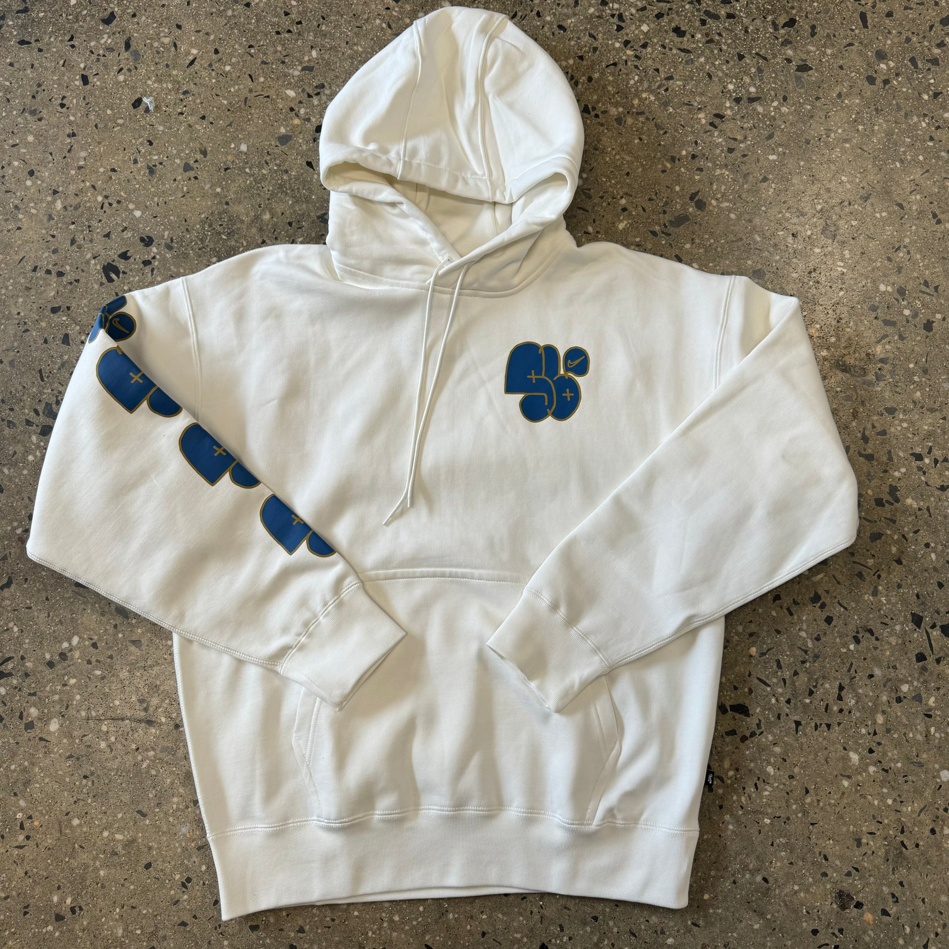 white hoodie with blue logo