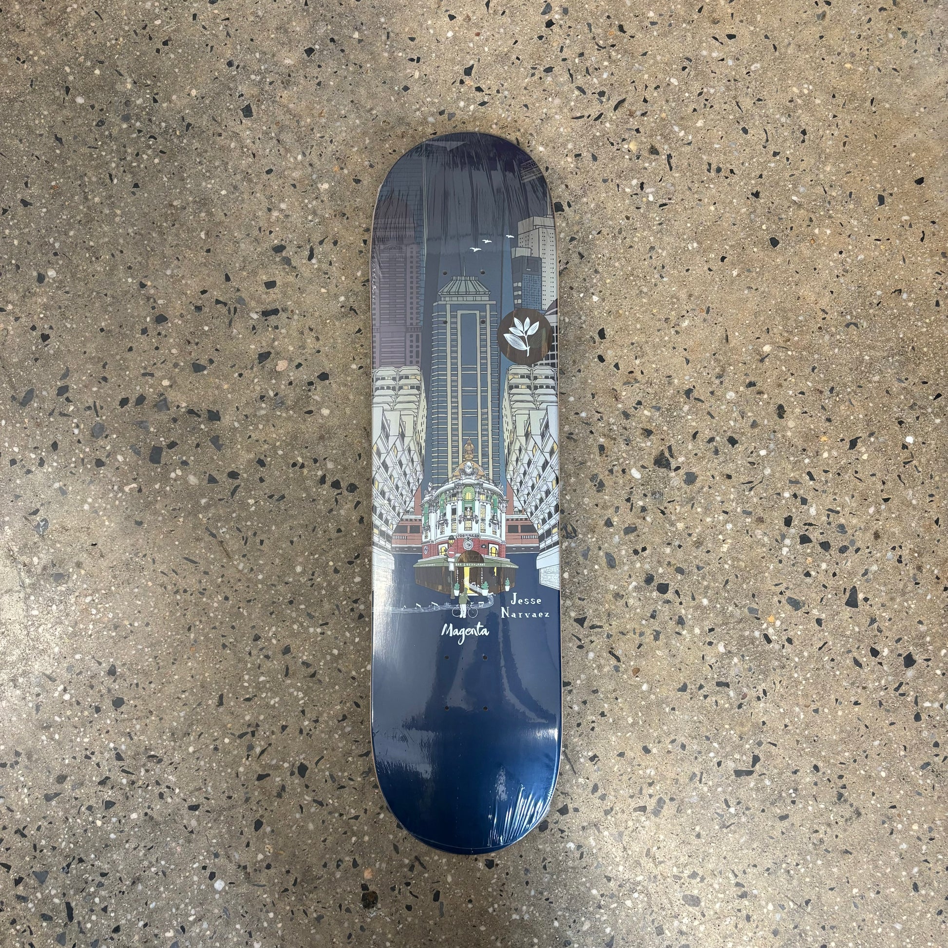 Blue background skateboard deck with cityscape, water and boats all around