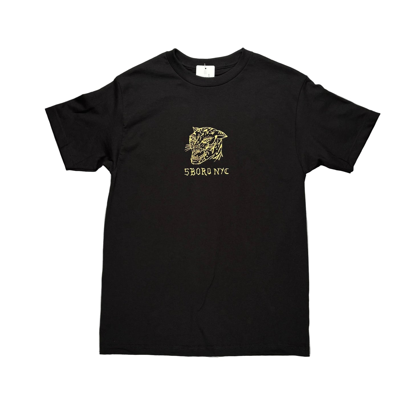 Black t-shirt with a hand drawn style cat logo on a white background
