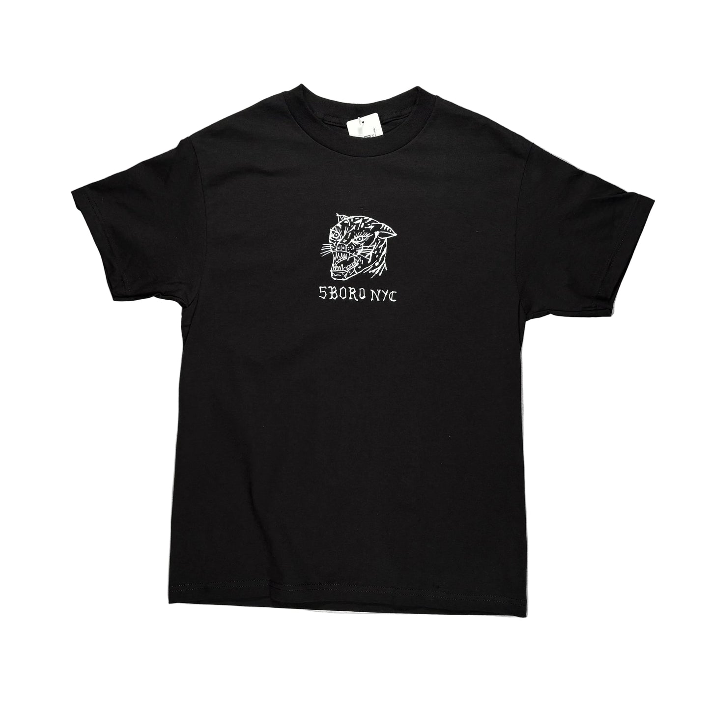 Black t-shirt with white graphic design on a white surface