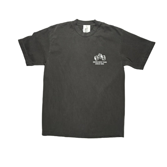 washed Black color t-shirt with a dice logo on a white background