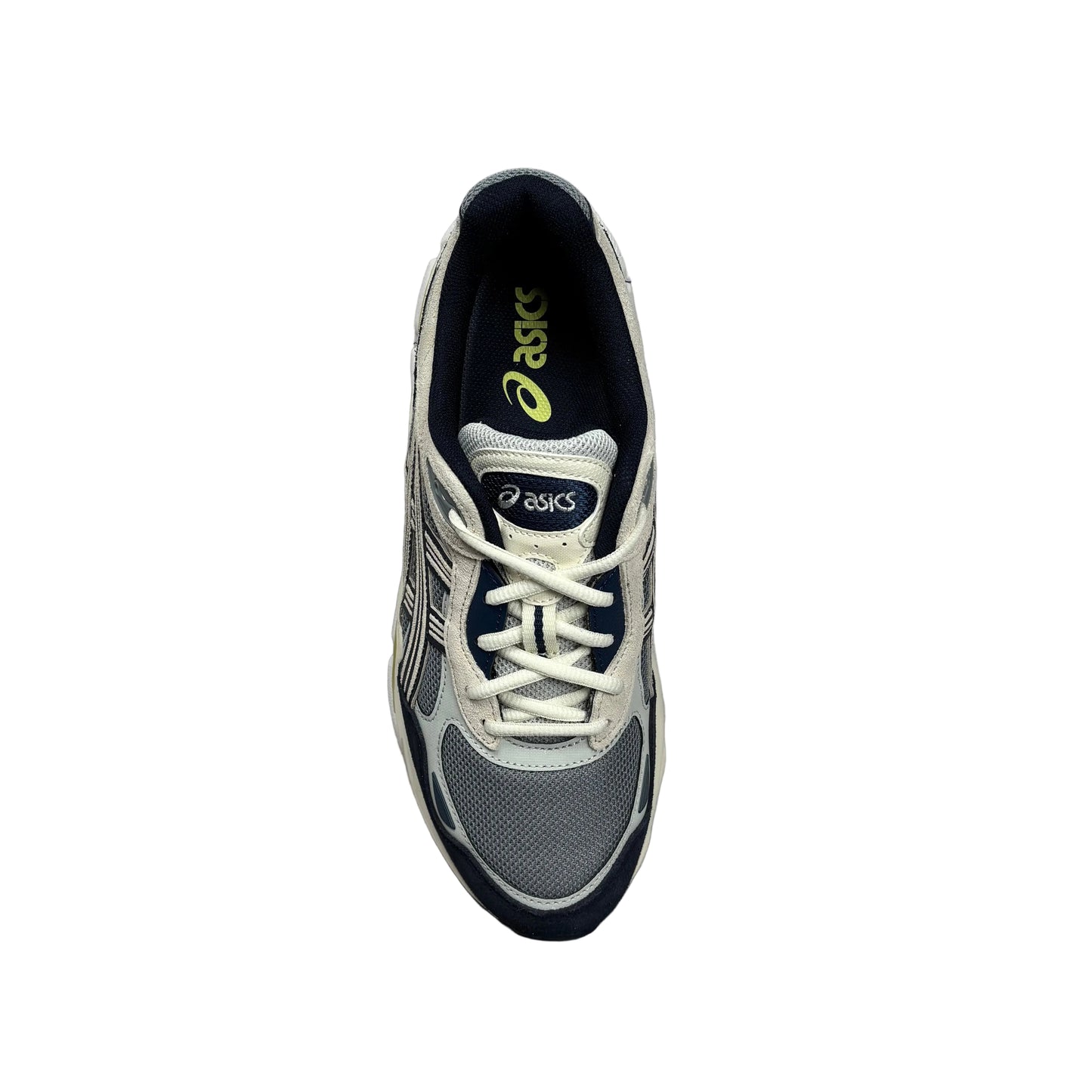 Gray and black sneaker with white laces on a white background