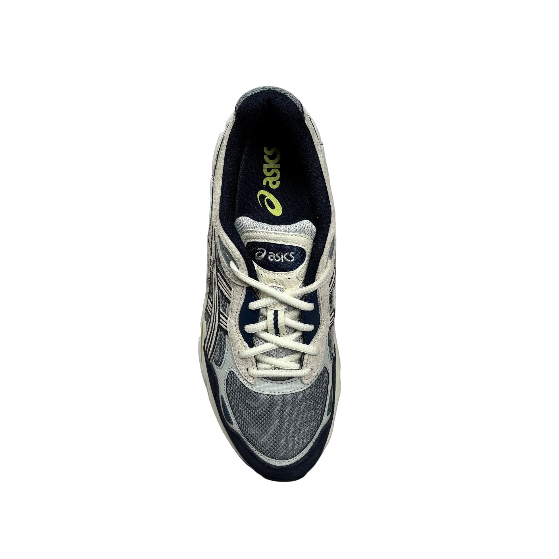 Gray and black sneaker with white laces on a white background