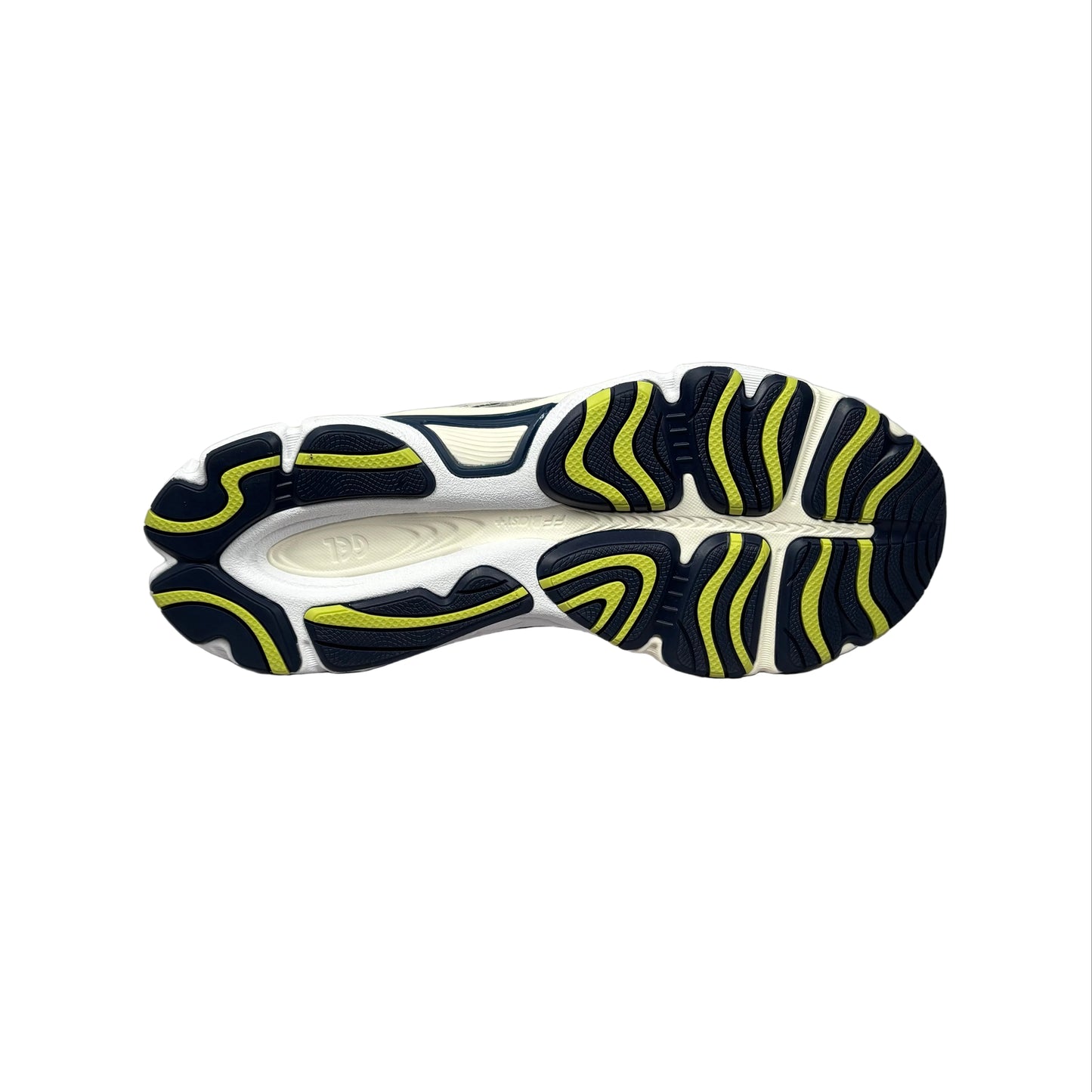 Sole of a black and yellow athletic shoe on a white background