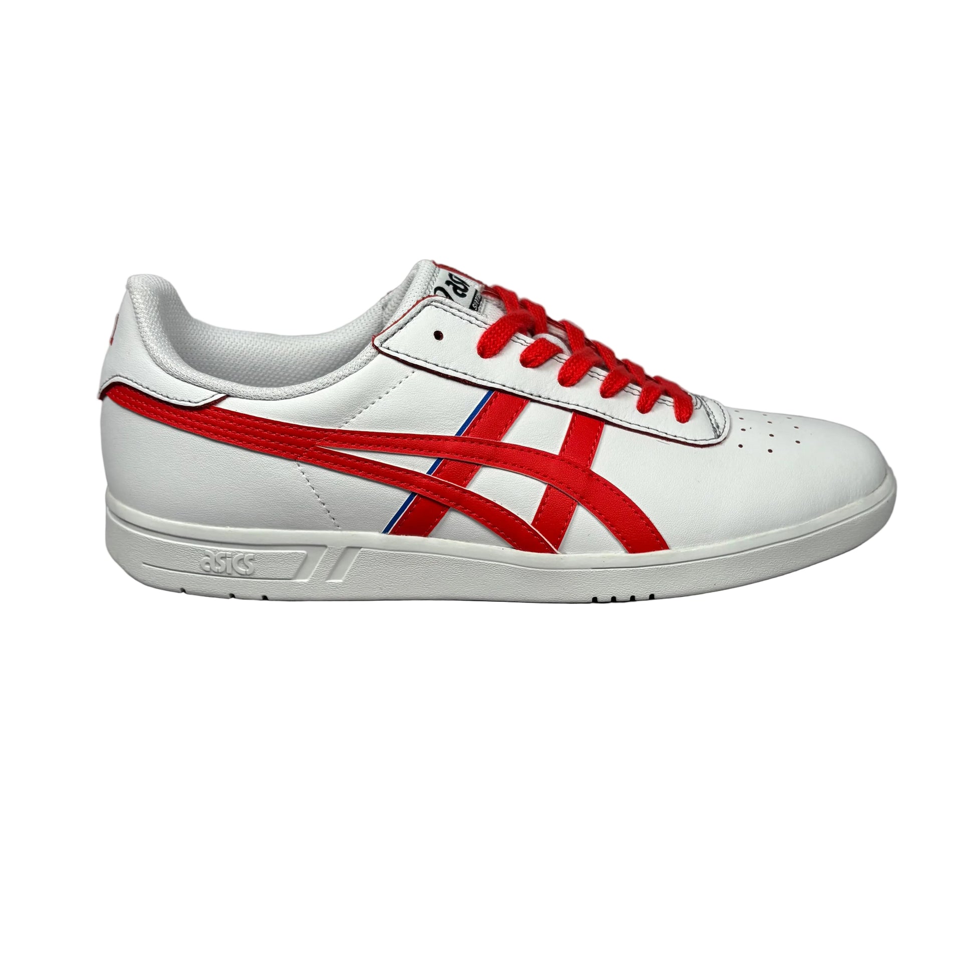 White sneaker with red and blue accents on a white background