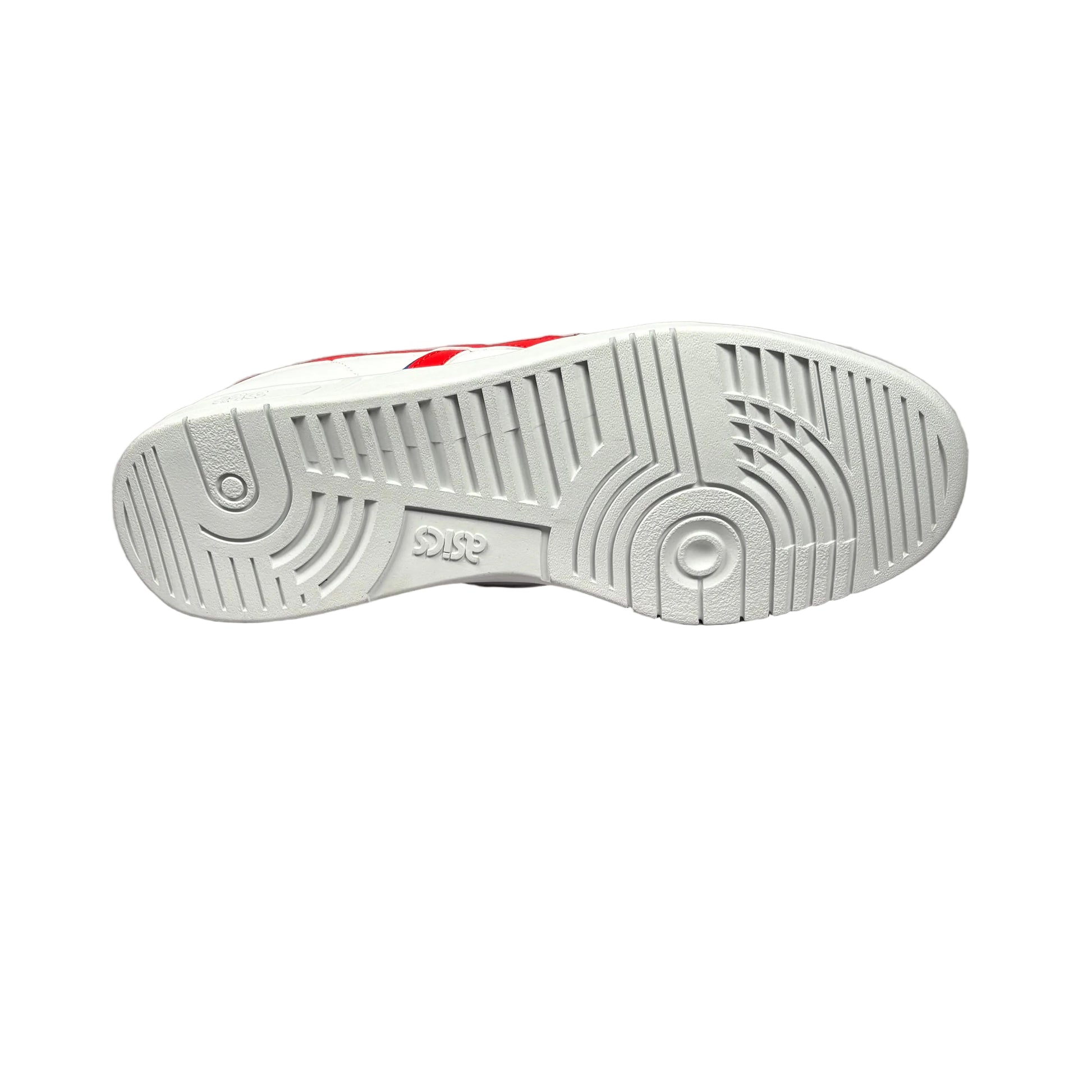 White sneaker sole with red accents on a white background