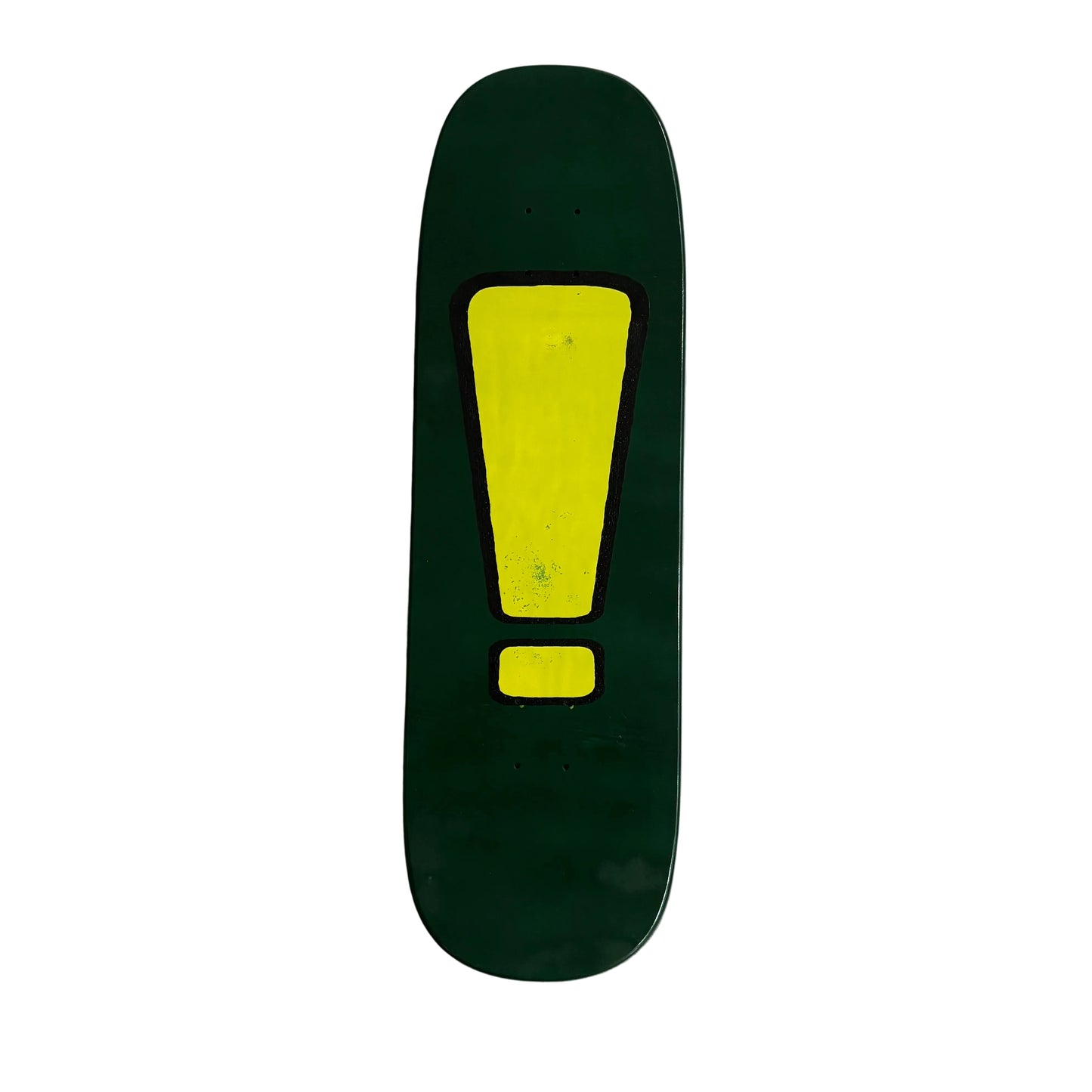 Skateboard deck with a yellow exclamation mark on a white surface