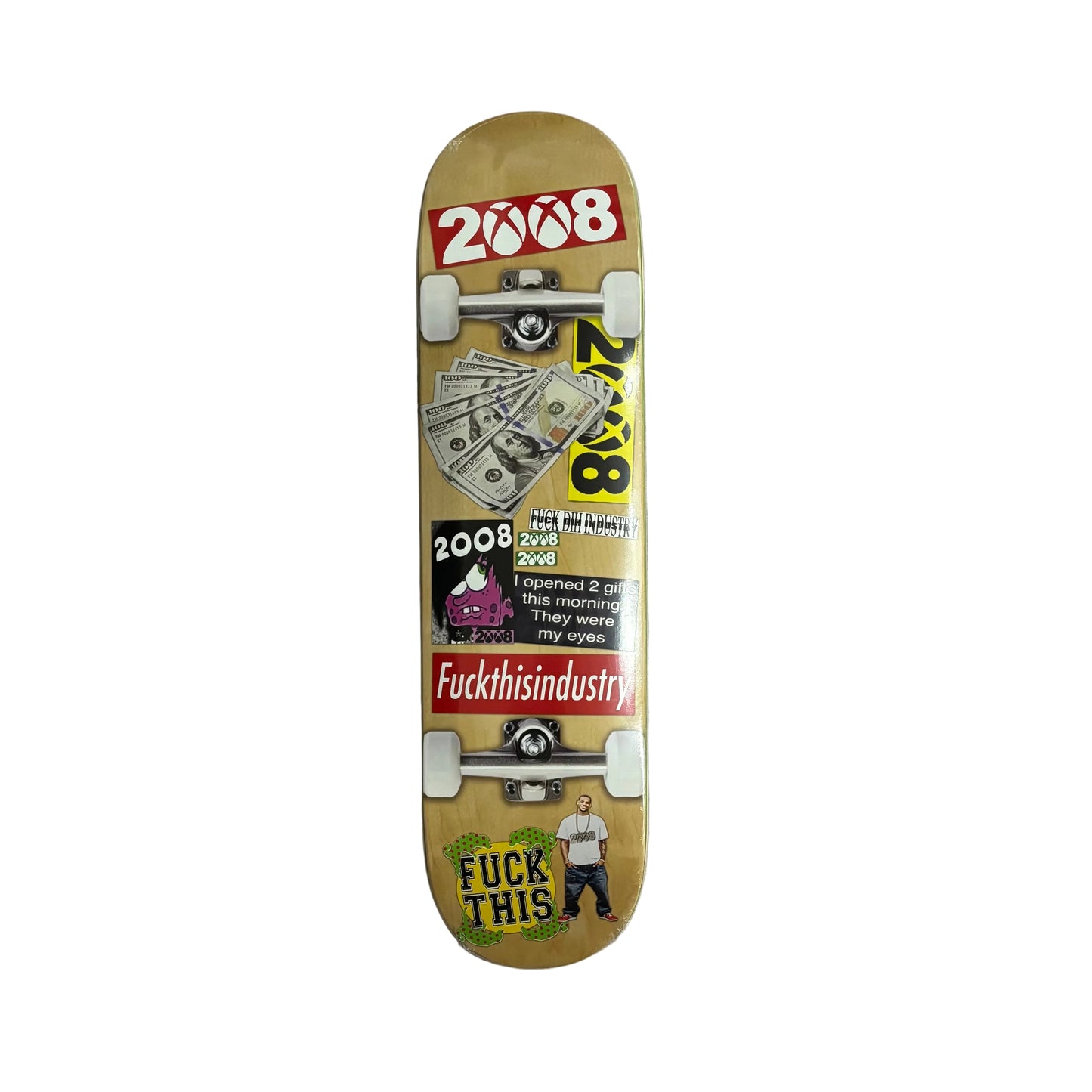 Skateboard deck with print of graphic featuring multiple stickers on a white surface