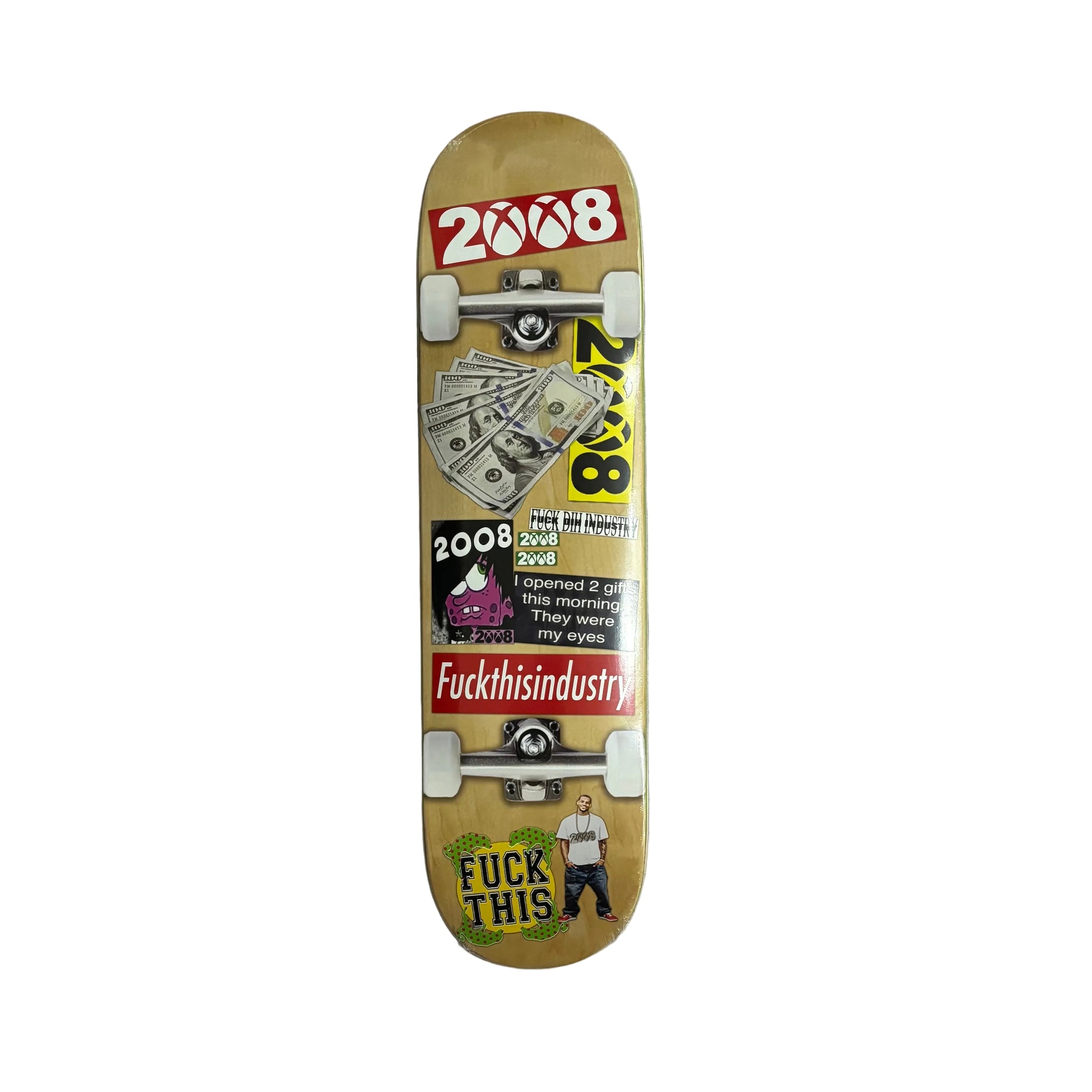 Skateboard deck with print of graphic featuring multiple stickers on a white surface