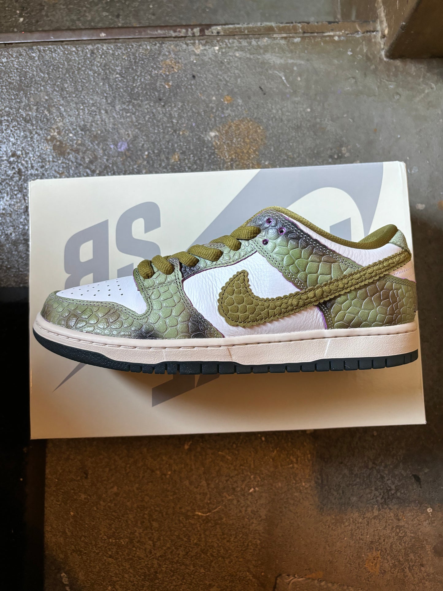 White and fake alligator skin dunk low pro