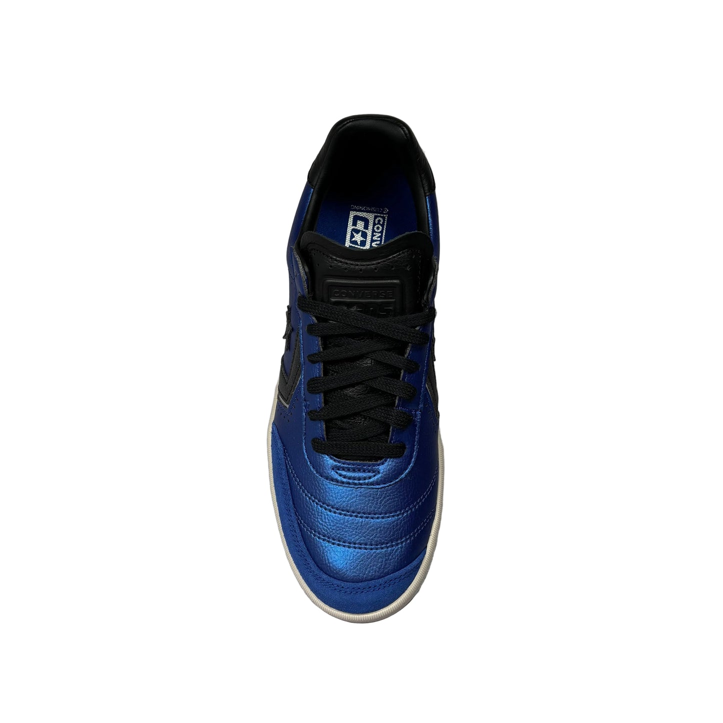 top down view of Blue and black sneaker on a white background