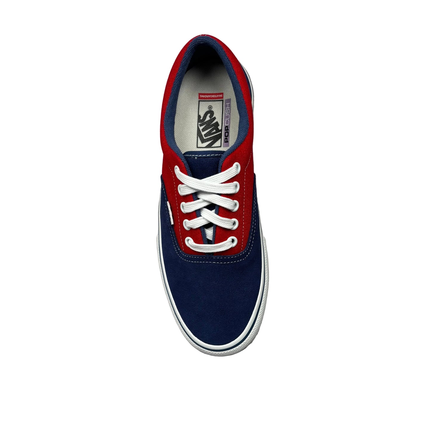 Blue and red sneaker with white laces on a white background