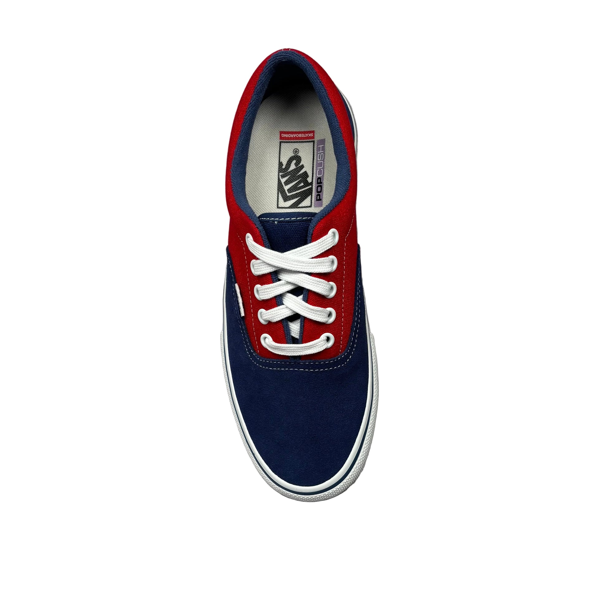 Blue and red sneaker with white laces on a white background