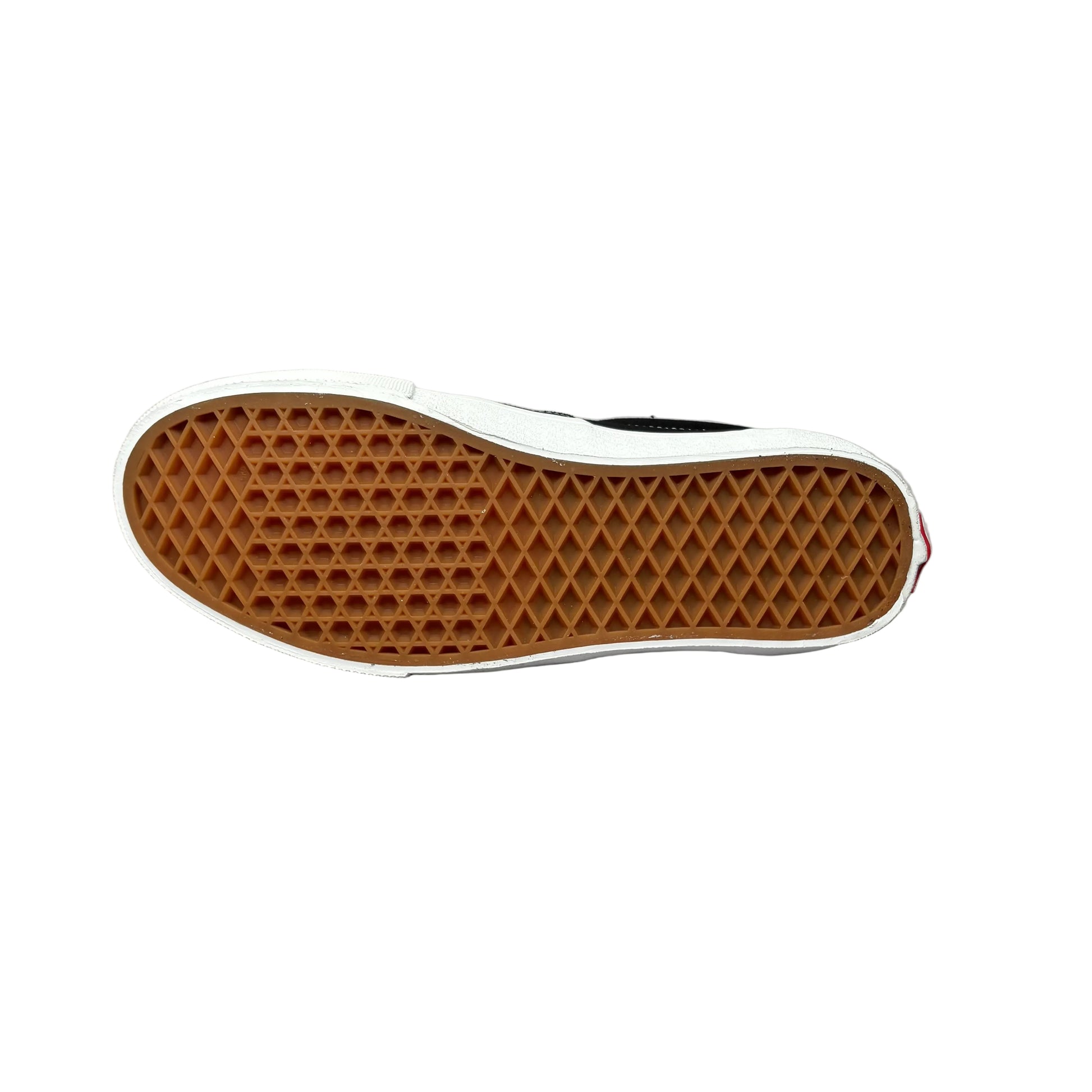 Close-up of a shoe sole with brown tread pattern on a white background
