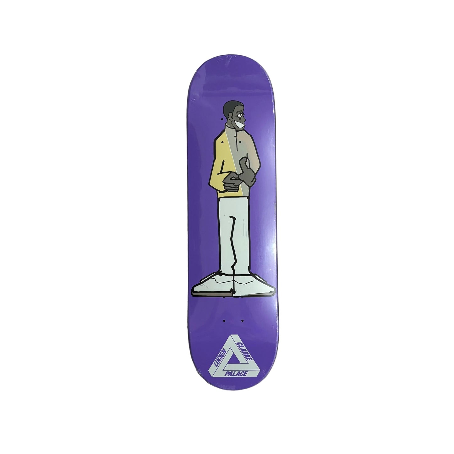 Purple skateboard deck with a graphic design on a white surface