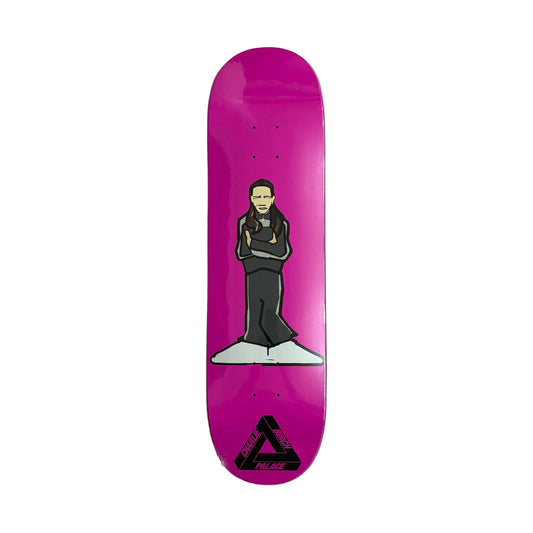 Skateboard deck with a purple background and graphic design on a white surface