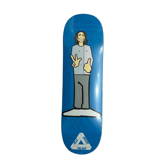 blue Skateboard deck with a graphic design on a white surface