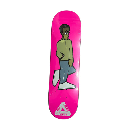 Pink skateboard deck with a graphic of a person and Palace logo on a white surface