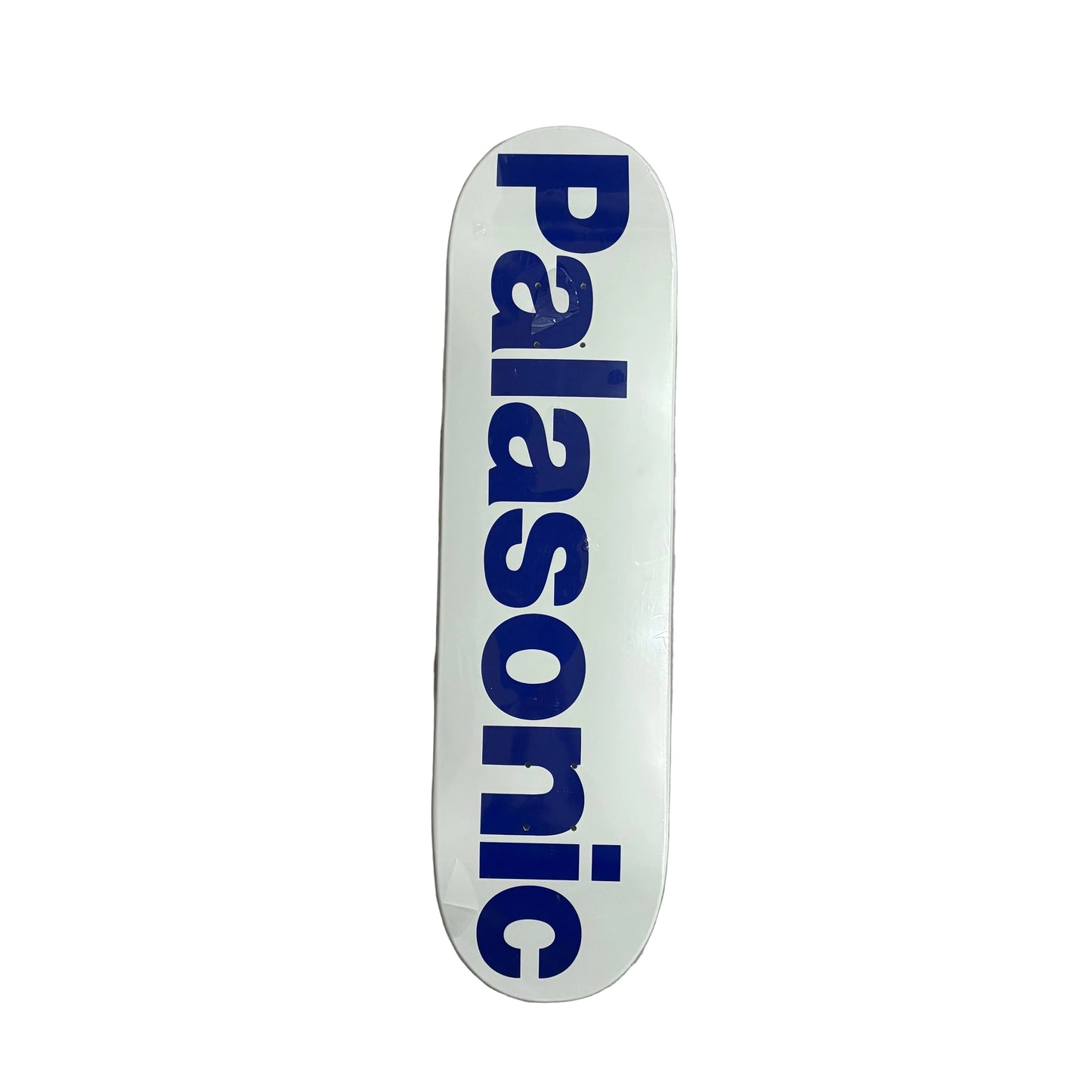 Skateboard deck with 'Palasonic' logo on a white surface