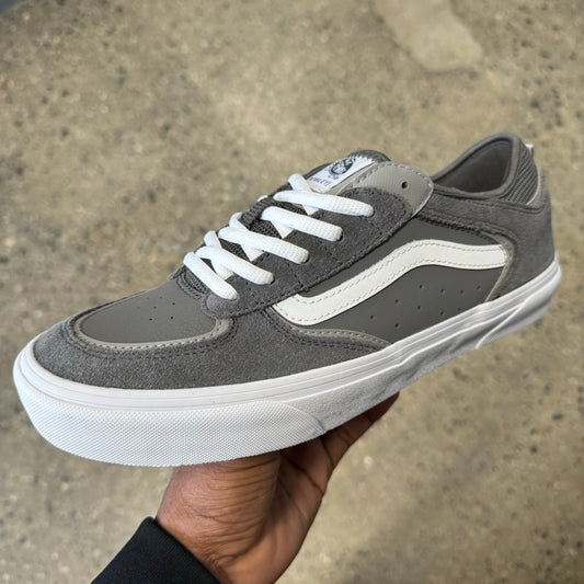 Side view of grey, white suede and synthetic skateboard shoe with white sole