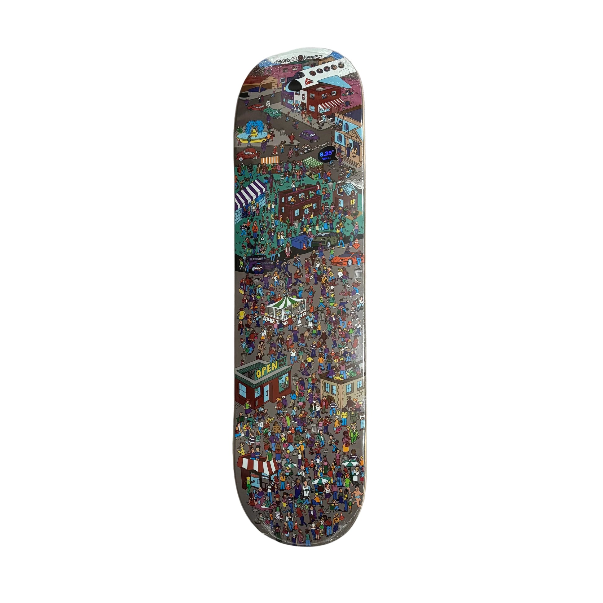 Skateboard deck with a detailed hand drawn design on a white surface