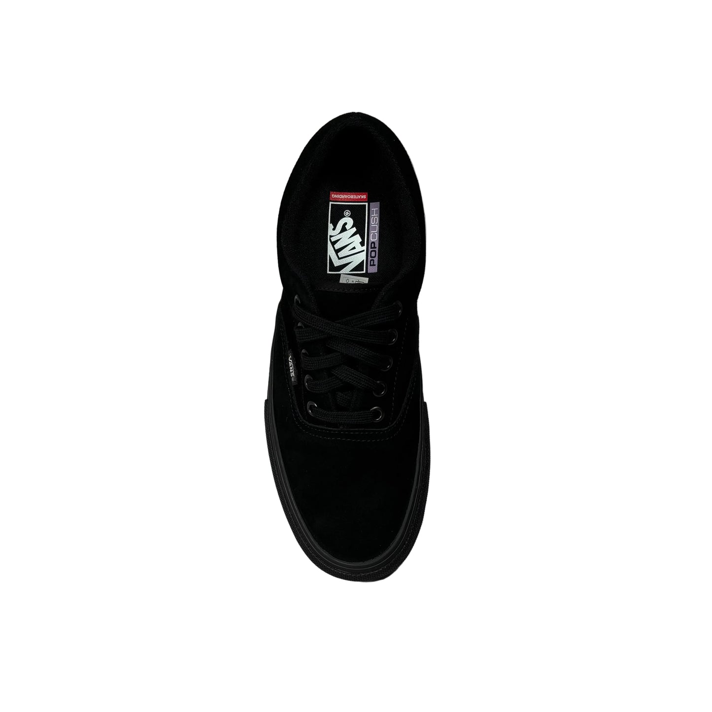 Black sneaker with a vans brand logo on a  white surface