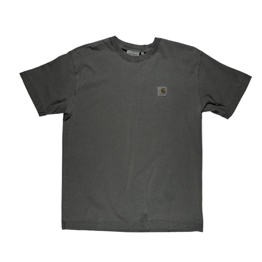 Gray t-shirt with a logo on a white surface
